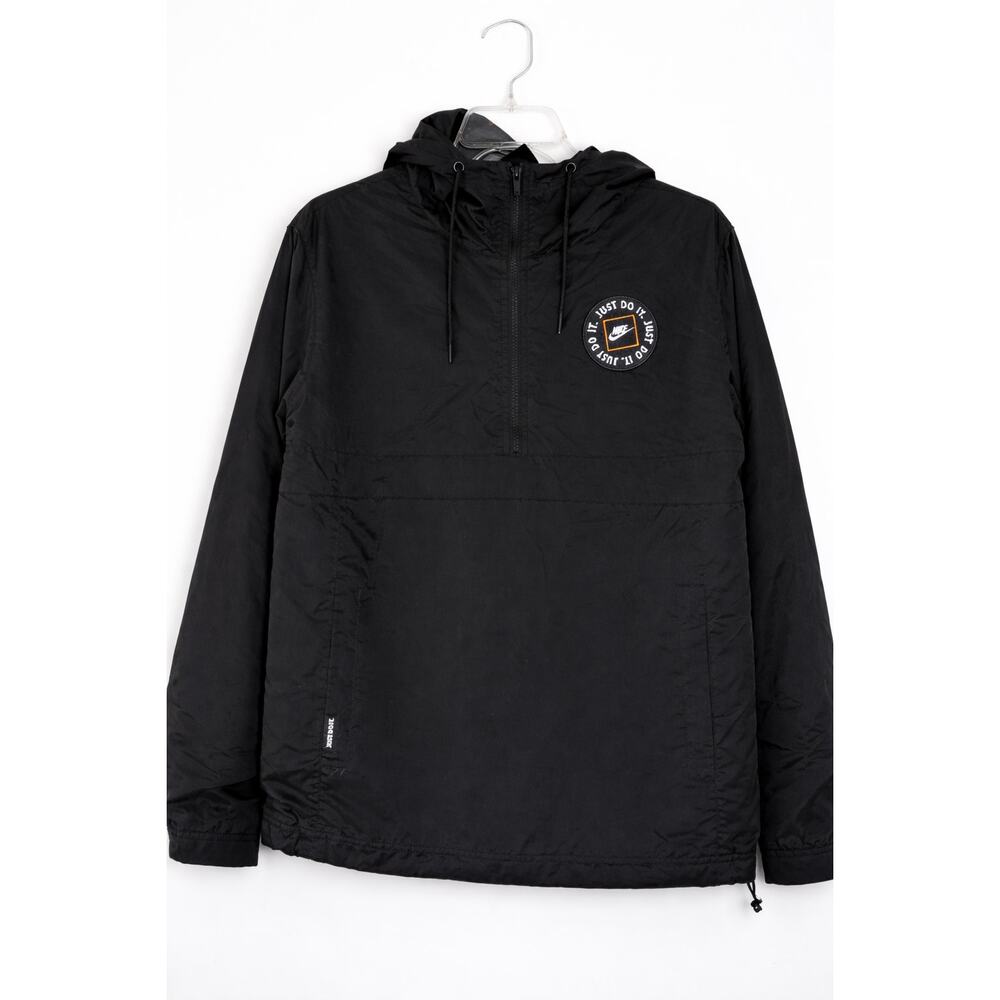 Nike Just Do It Windbreaker Jacket Mens Medium Black Hooded Half Zip Anorak